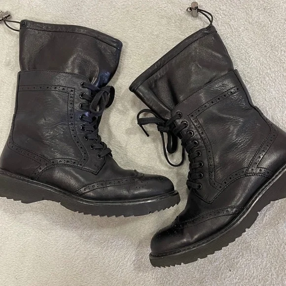 Prada Black Leather Combat Boots Size 7 - Picture 1 of 13